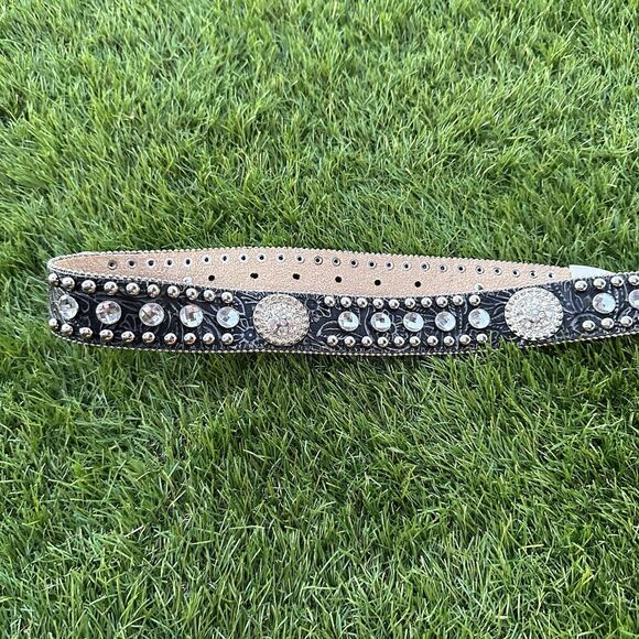 Blazin Roxx Bling Black Leather Belt Large Buckle Rhinestones Womans Size Large - Picture 9 of 11